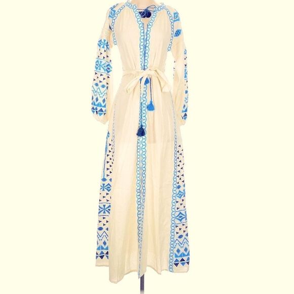 The Pearl Pagoda 100% Linen White Embroidered Long Sleeve Grecian Maxi Dress M - Picture 2 of 14